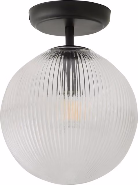 ValueLights Kempton Modern Flush Ceiling Light with Black Ribbed Glass Globe Shade and Bulb – 1
