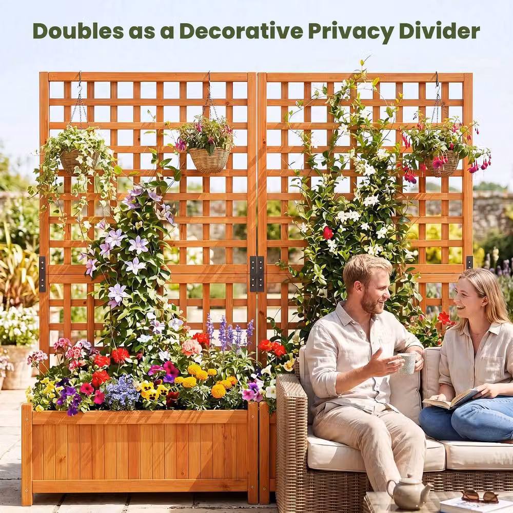 Costway Wooden Raised Garden Bed with Trellis and Drainage Holes, Orange, W/D/H: 143 x 66 x 32 cm – 4