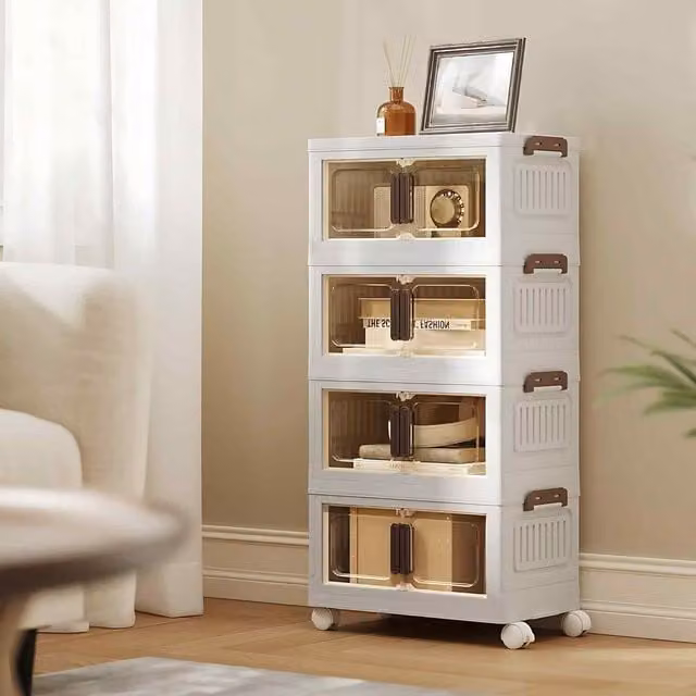 The Bazaarist 4 Tier White Storage Cabinet with Wheels and Magnetic Hinged Doors