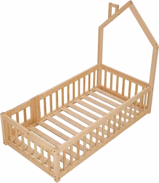 Kidkid White Solid Pine Wood House Headboard Floor Bed Frame for Children