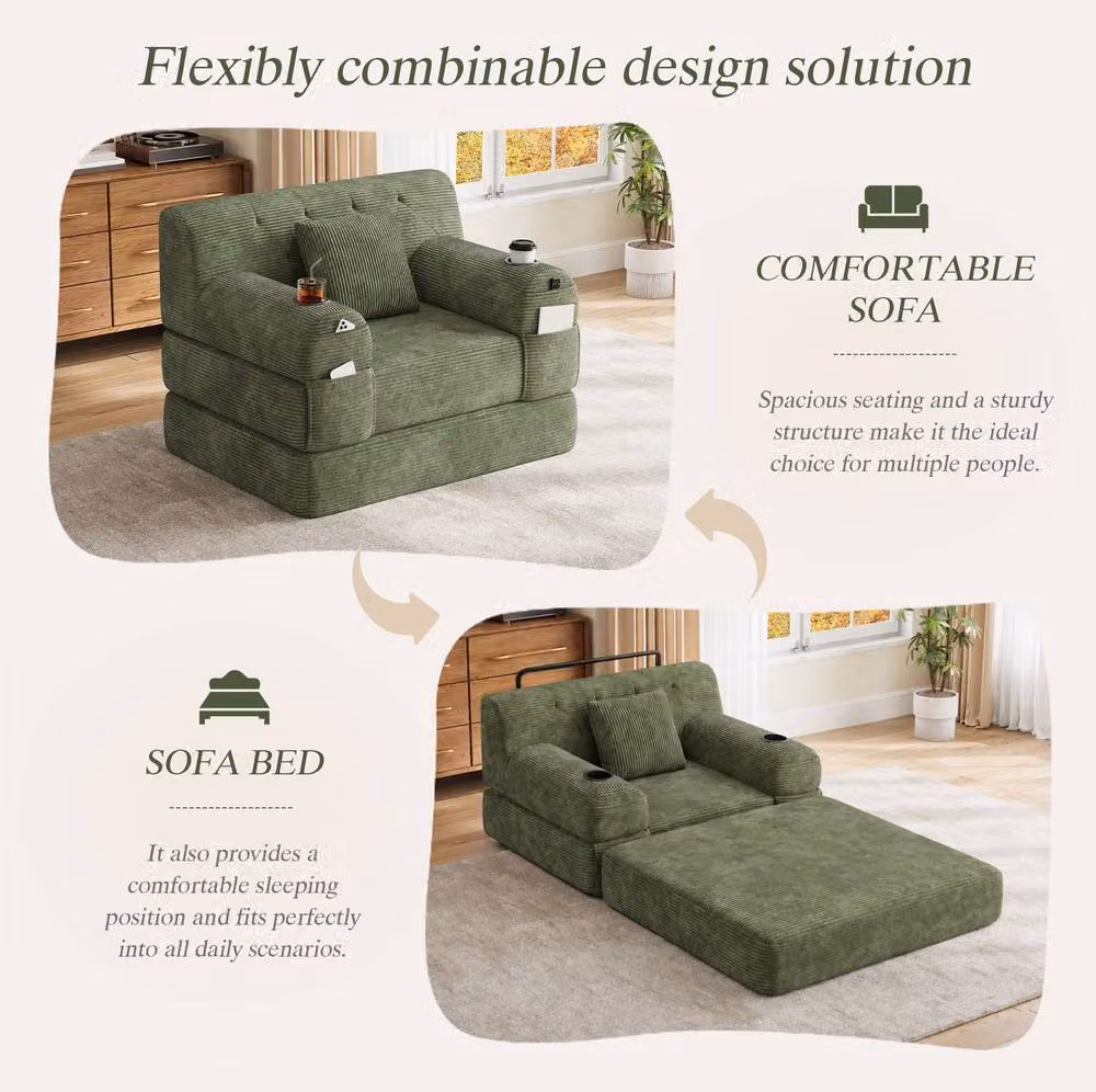 STILVORA Green 1-Seater Sleeper Sofa with Storage Pockets, Cup Holders and Armrests – 4
