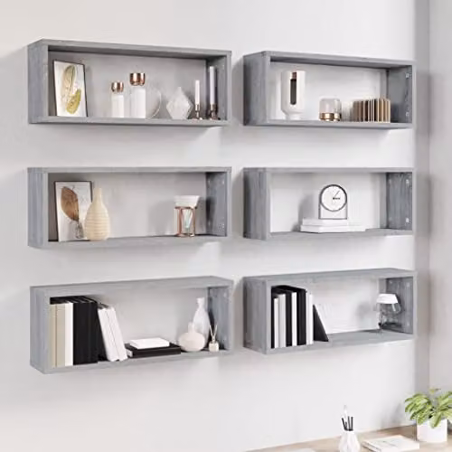 vidaXL 6-Piece Wall Mounted Cube Shelves in Grey Sonoma, W/D/H: 60 x 23 x 15 cm – 2