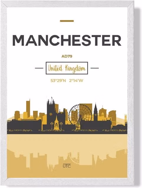 ARTZE Manchester City Skyline Framed Print in Yellow, Black and White, A2