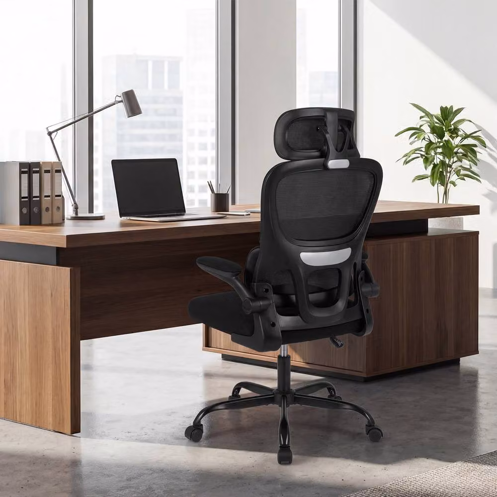 Gymax High Back Ergonomic Mesh Office Chair with Lumbar Support, Headrest and Flip-up Arms in Black – 7