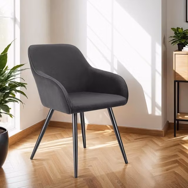 Tectake Set of 6 Scandinavian Dining Chairs with Padded Boucle Fabric and High Backrest in Anthracite and Black, Height: 82 cm