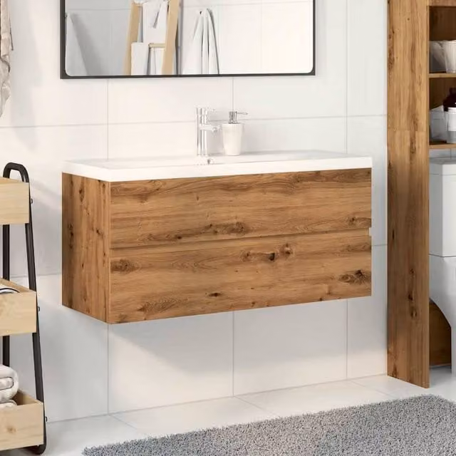 Berkfield Home Artisan Oak Sink Cabinet with Built-in Basin in Brown, W/D/H: 101 x 39.5 x 49 cm – 1