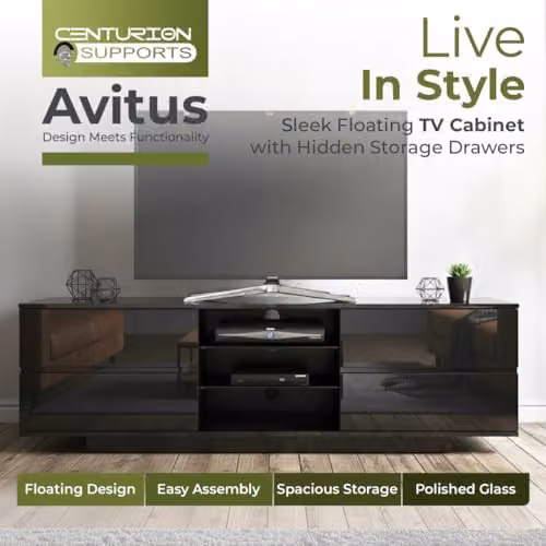 Centurion Avitus Gloss Black TV Cabinet with 4 Drawers and 3 Shelves for 32-65 inch Screens W/D/H: 158 x 40 x 48 cm – 5