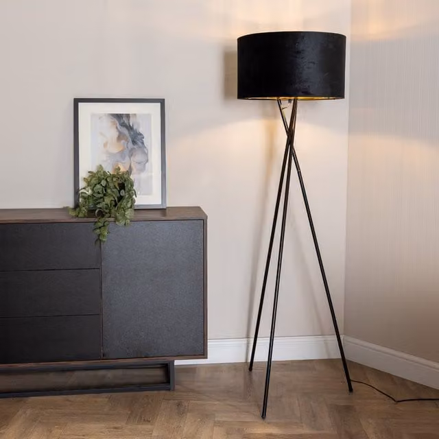 ValueLights Camden Tripod Floor Lamp with Fabric Drum Shade and Bulb in Black and Gold/Brass