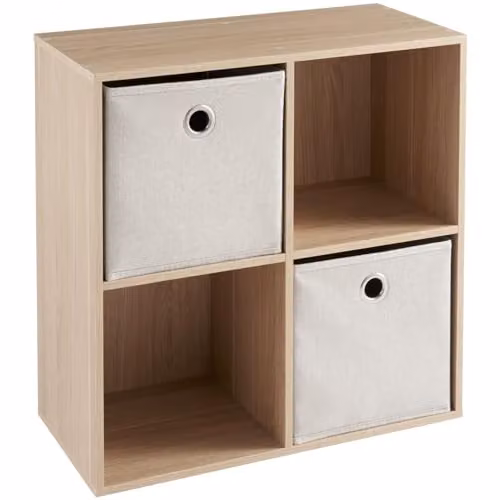 Spot on Dealz 4-Cube White Wooden Storage Unit with 2 Fabric Bins, W/D/H: 60 x 28 x 60 cm
