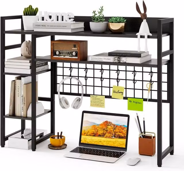 Gymax 4-Tier Metal Desk Shelf with Black Grid Panel and Matt Finish – 1
