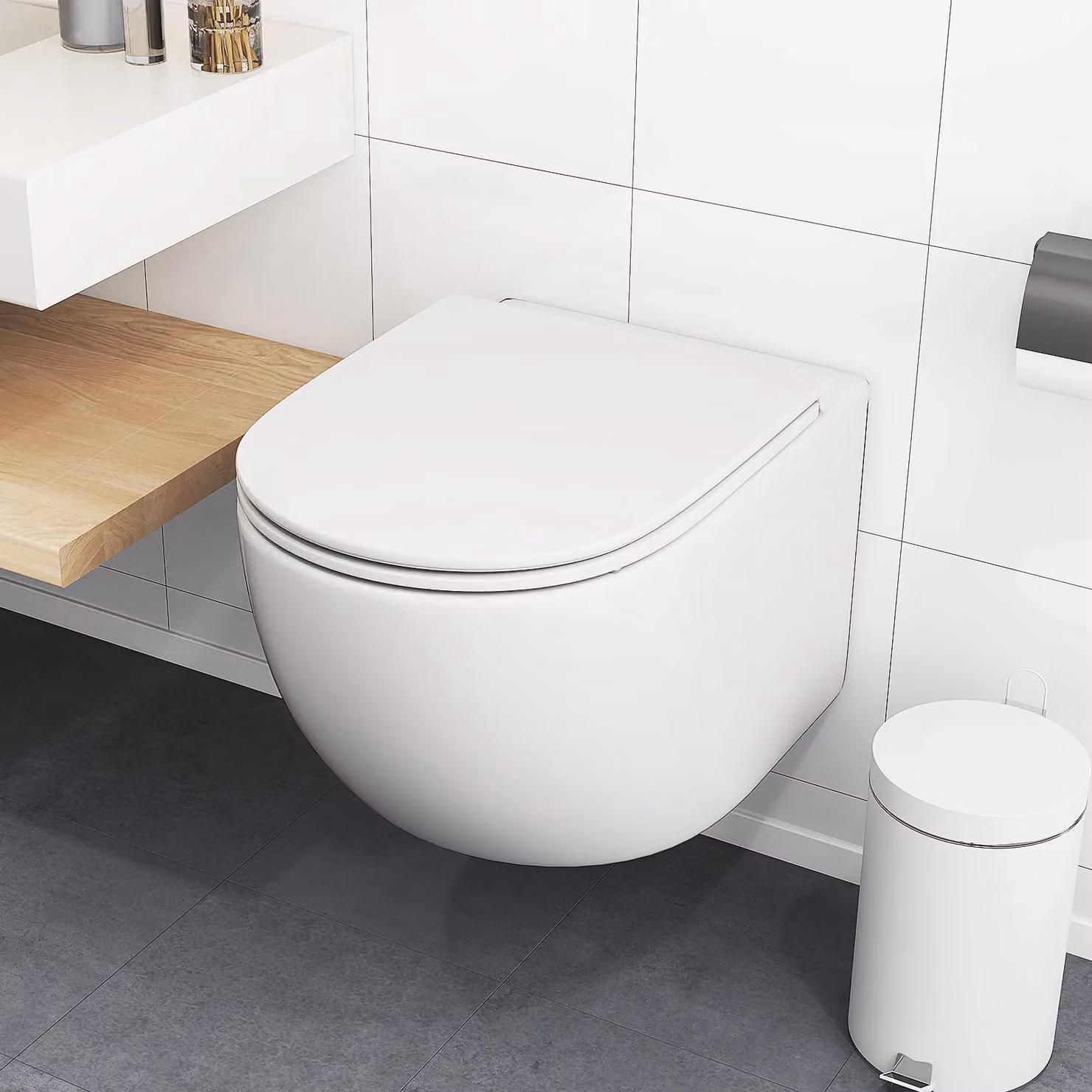 Gymax White Ceramic Wall-Mounted Rimless Toilet Bowl with Soft-Close Seat and Lid, W: 36.0 cm, D: 52.5 cm – 2