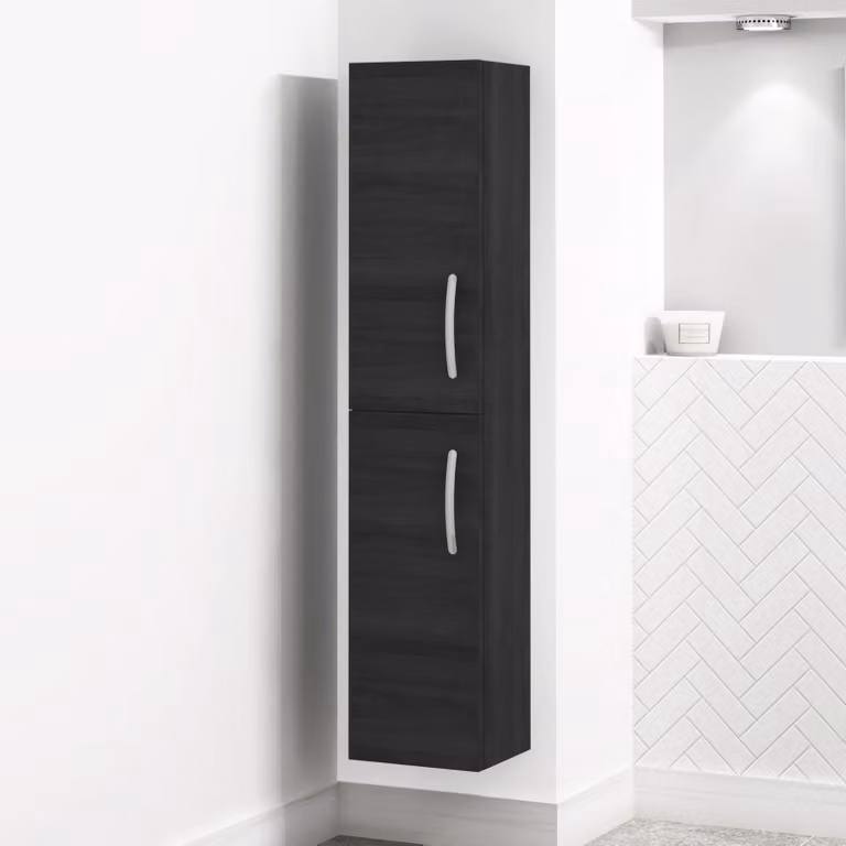Royal Bathrooms Modern Turin Matt Black 2-Door Wall Hung Tall Boy Bathroom Cabinet Unit