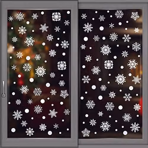 WALPLUS White Snowflake Christmas Window Stickers, 138 Piece Reusable Double Sided Window Clings