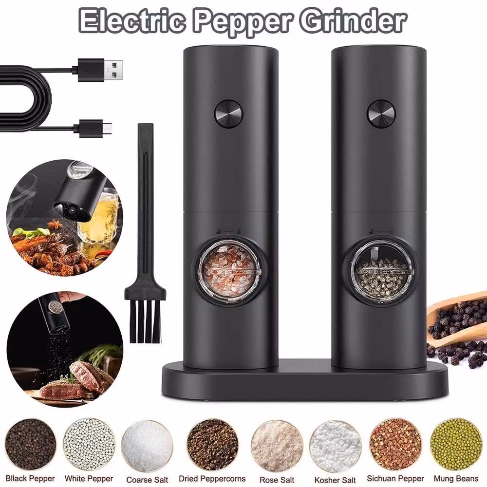 FLAVORA 2 Pack Electric Salt and Pepper Grinders with LED in Black – 6