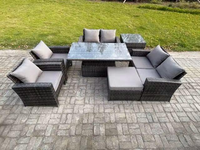 Fimous 7 Seater Rattan Garden Furniture Set with Height Adjustable Lifting Table and Side Table in Dark Grey