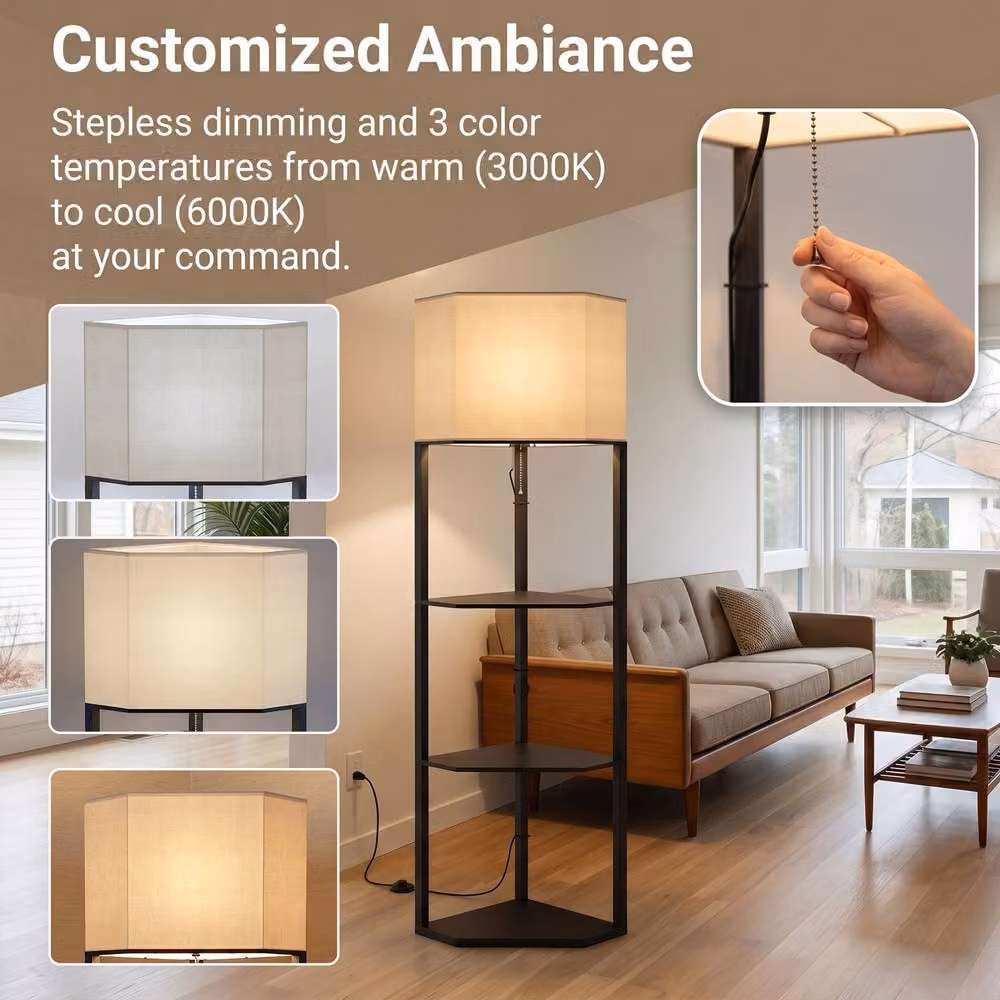 HOMCOM Modern Black Corner Floor Lamp with Shelves, Dimmable Standing Lamp with Remote Control and Timer – 3