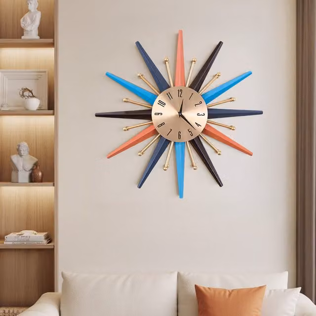 Livingandhome Geometric Metal Starburst Wall Clock in Multicolour and Gold, Diameter: 70 cm