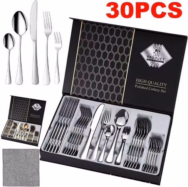 VOGREX 30-Piece Polished Stainless Steel Cutlery Set in Silver including Forks, Spoons and Teaspoons – 1
