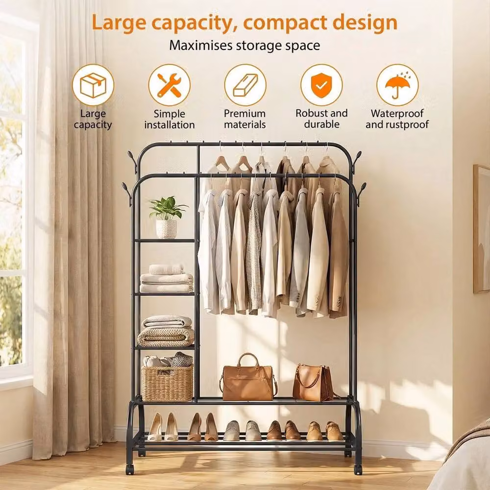 EONLION Industrial Open Wardrobe Clothes Rail Rack in Matt Black, W/D/H: 50 x 56 x 160 cm – 3