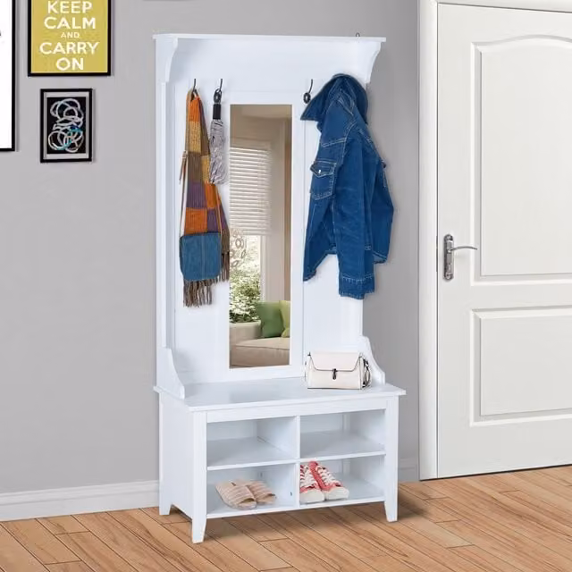 HOMCOM Modern Hallway Hall Tree with Shoe Bench, Mirror and 4 Hooks, White