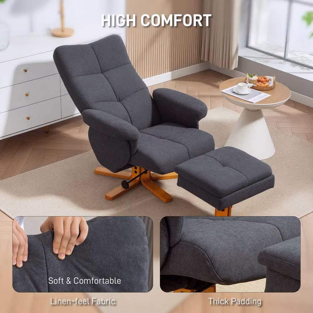 HOMCOM Grey Linen Recliner Chair and Ottoman with Solid Wood Frame – 6