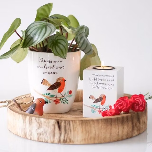 KDMD Visited by a Robin Ceramic Tealight Holder with Meaningful Message and Illustration, White