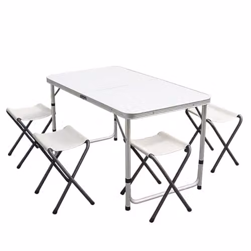 Gr8 Garden Height Adjustable Folding Camping Picnic Table Set with 4 Stools, Grey Powder Coated Aluminium and MDF Laminate, W/D/H: 120 x 60 x 70 cm – 1