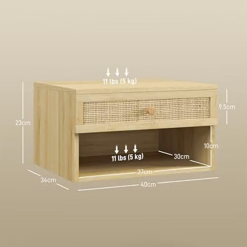 HOMCOM Set of 2 Floating Bedside Tables with Rattan Drawer and Open Shelf in Yellow and Brown – 3