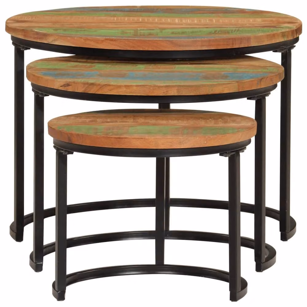 Berkfield Home Set of 3 Round Nesting Tables in Multicolour Reclaimed Solid Wood – 3