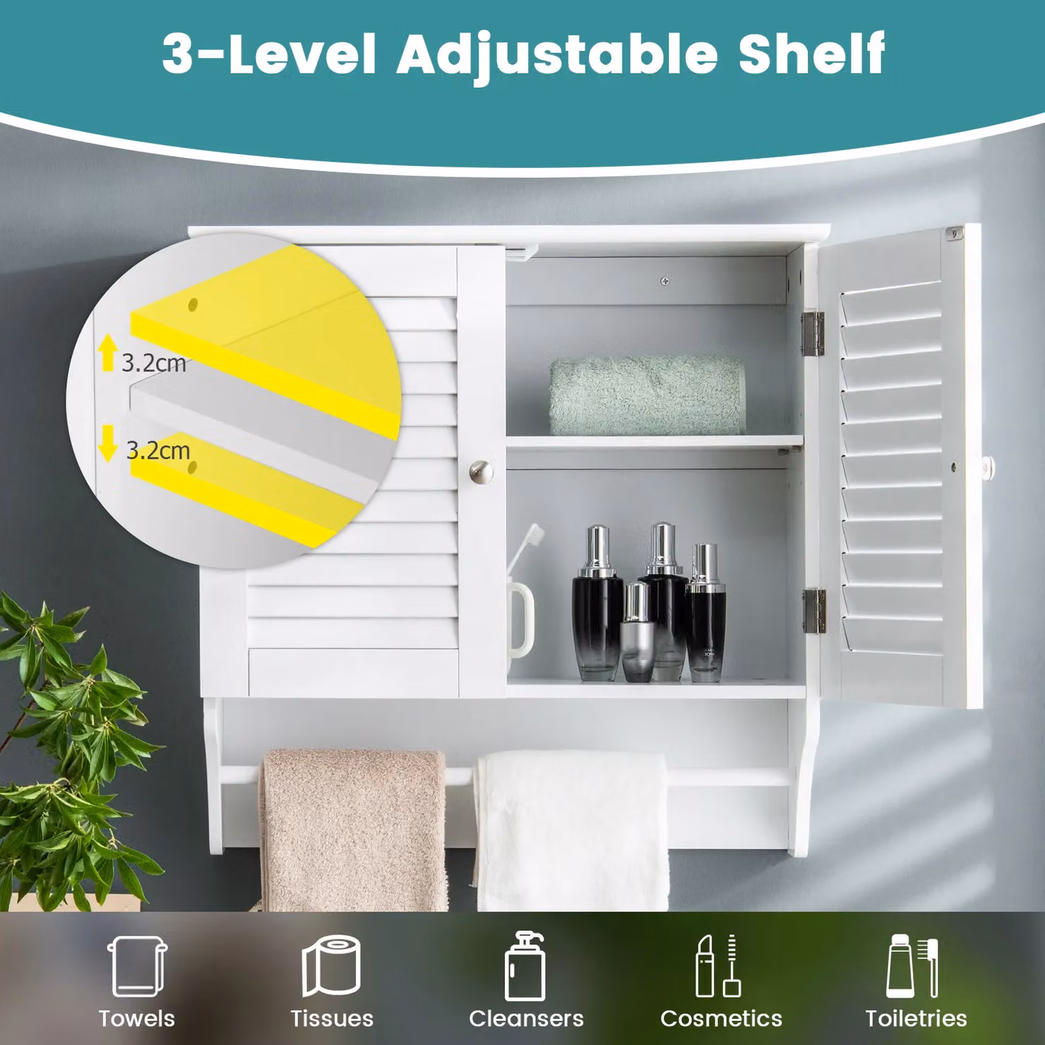 Gymax White Wall Mounted Bathroom Medicine Cabinet with Double Louvered Hinged Doors and Internal Shelves – 3