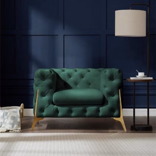 GRS Panther Chesterfield Armchair in Green Velvet Fabric with Gold Accents, W/D/H: 88 x 77 x 110 cm