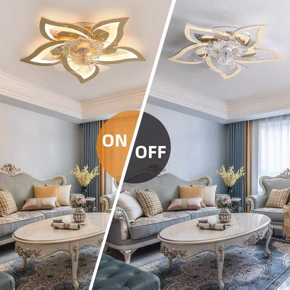 Garwarm Gold Caged Floral Invisible Flush Ceiling Fan and Lamp Set – 2