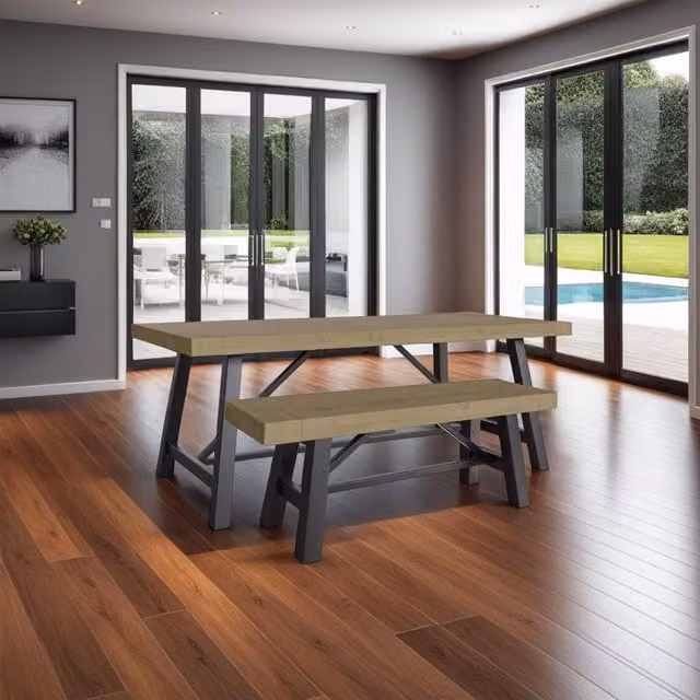 FWStyle Industrial Dining Bench in Brown and Grey Solid Pine and Metal
