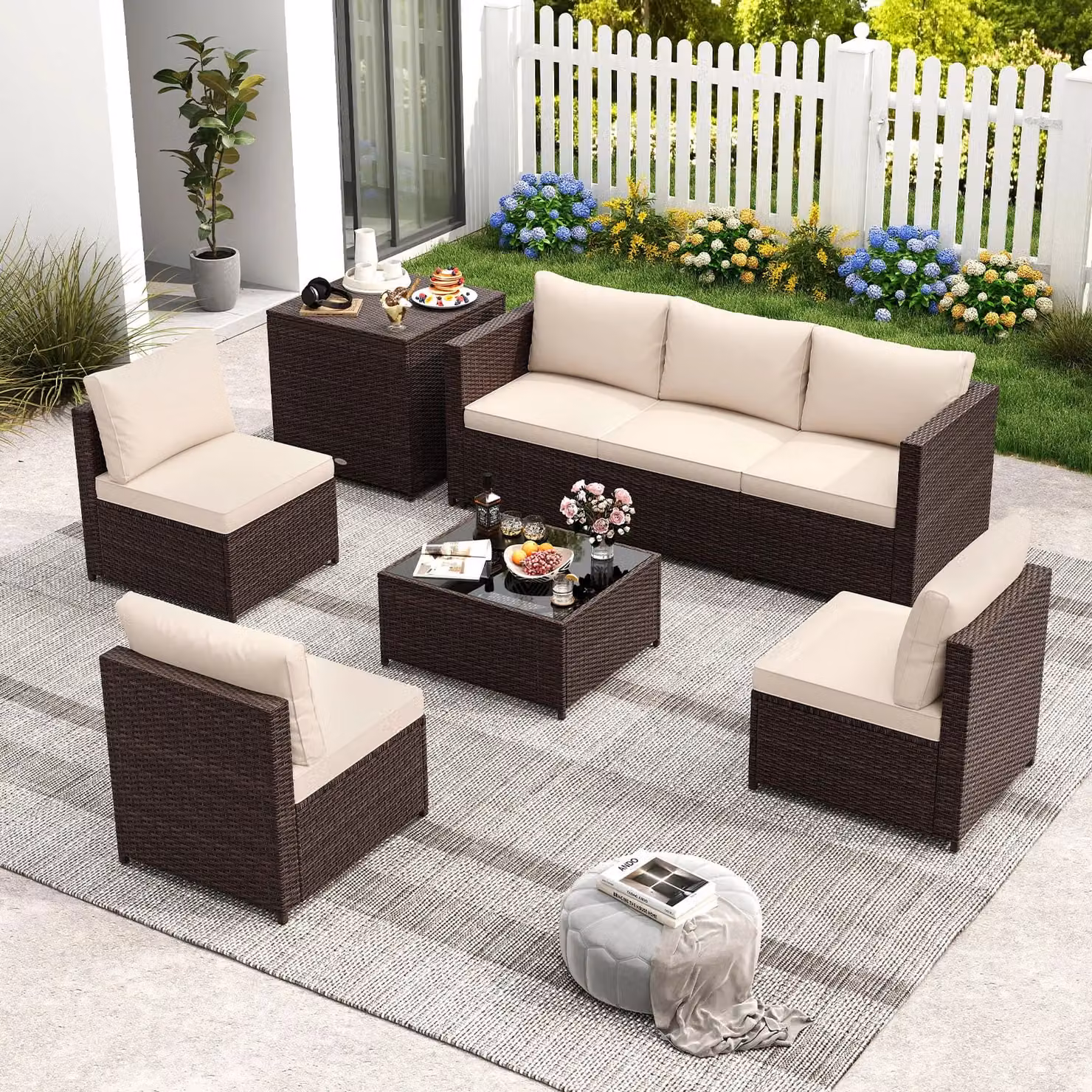 Gymax 8-Piece Brown and Beige Polyrattan L-Shape Sectional Sofa Set with Outdoor Coffee Table and Upholstered Cushions – 3
