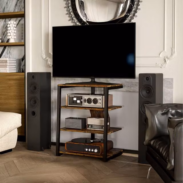 HOMCOM Corner TV Unit with Open Shelves and Extension Lead Holder in Rustic Brown