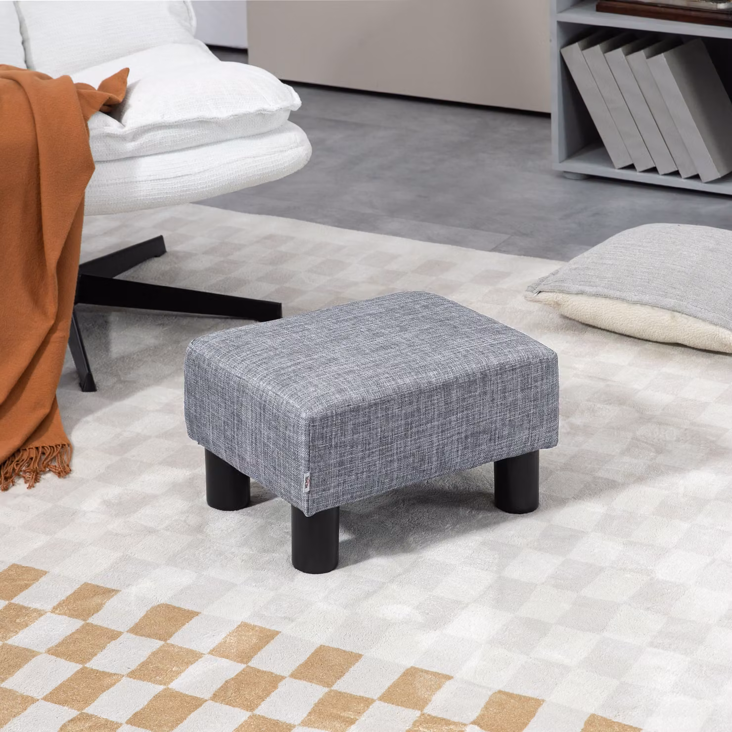 HOMCOM Grey Linen Fabric Cube Footstool Ottoman with 4 Plastic Legs – 2