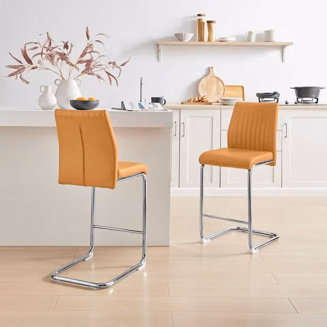 FurnitureboxUK Lorenzo Set of 2 Mustard Yellow Faux Leather Bar Chairs with Silver Metal Cantilever Base