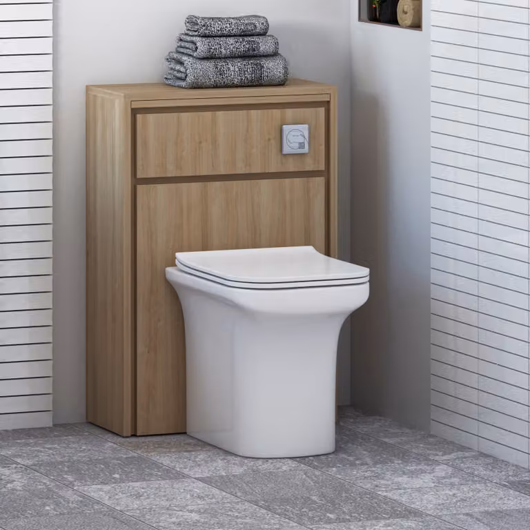 Livora Natural Oak Wall Mounted WC Unit with Crosby White Ceramic Rimless Toilet Pan, Seat and Cistern, Width: 55.5 cm