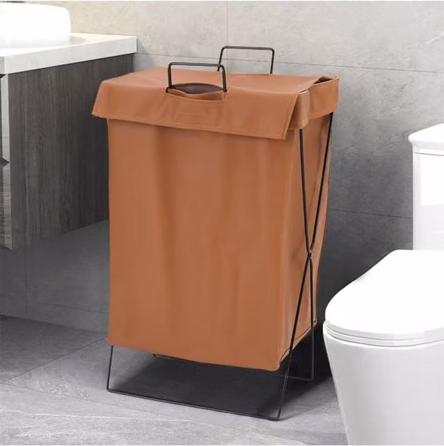 Living and Home Collapsible PU Leather Laundry Hamper with Metal Frame, Brown