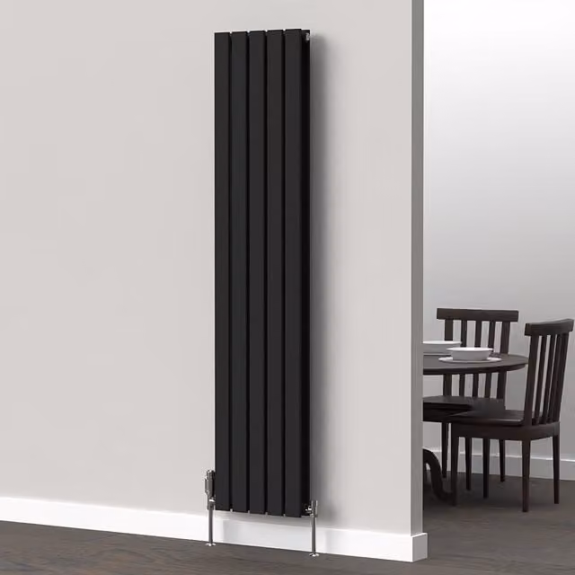Lux Heat Black Flat Vertical Double Panel Steel Wall Mounted Radiator, H: 160 cm x W: 35 cm x D: 3.5 cm