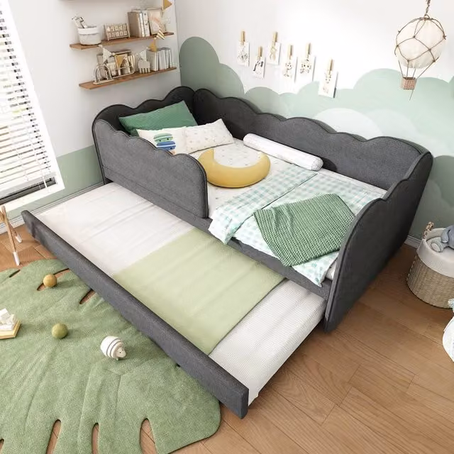 STILVORA Modern Upholstered Single Daybed with Pull-Out Trundle in Grey Linen, W/D/H: 90 x 190 x 70 cm – 1