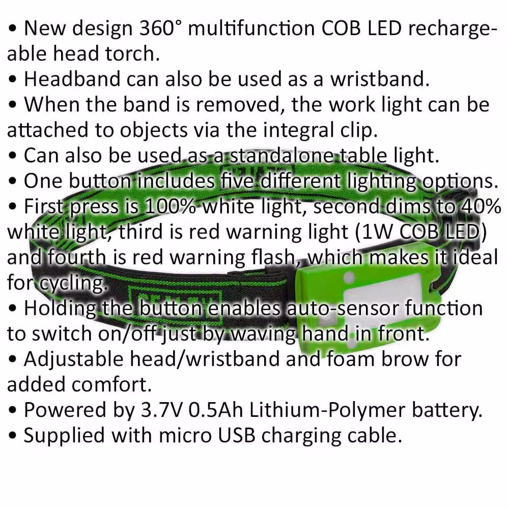 Loops Green Rechargeable LED Head Torch with Adjustable Band and Motion Sensor – 2