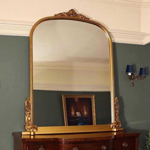 Melody Maison Extra Large Arch Ornate Overmantle Mirror in Antique Gold, W: 152 cm x H: 128 cm – 1