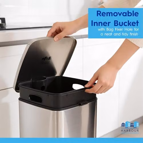 Harbour Housewares 30L Square Stainless Steel Kitchen Pedal Bin in Black with Soft-Close Lid and Removable Inner Bucket – 2