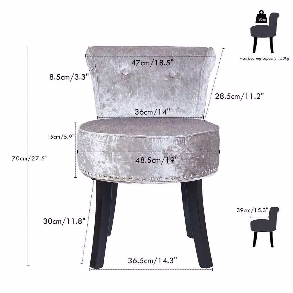 FLAVORA Silver Velvet Low Back Makeup Vanity Stool – 2