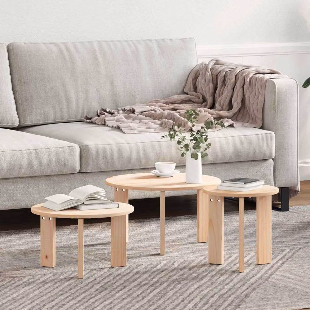 Berkfield Home Traditional 3-Piece Nested Coffee Table Set in Natural Solid Pine Wood – 2