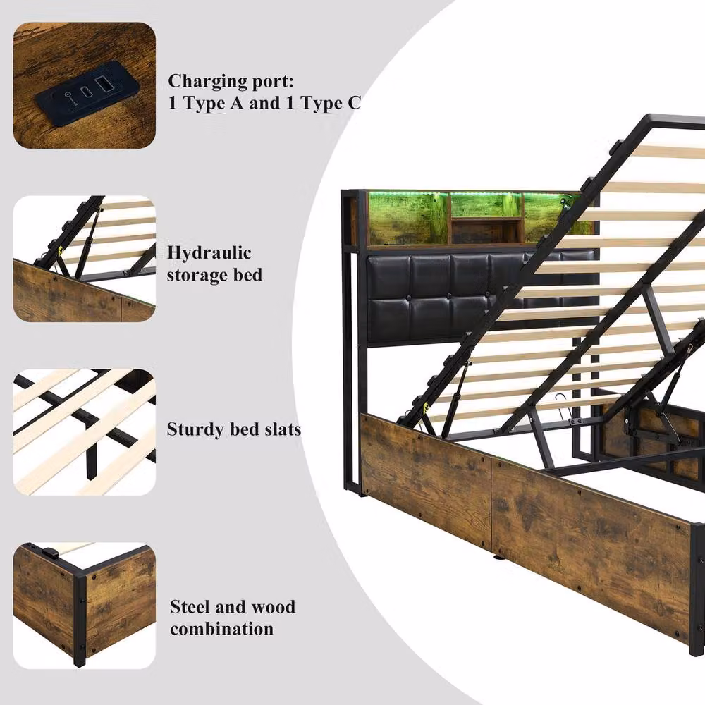 Rolipo 3ft Single Hydraulic Storage Bed Frame in Brown with LED Lighting and USB Charging Ports, W/D/H: 90 x 190 cm – 9
