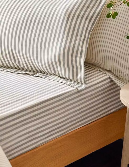 YARD Grey Striped Pure Cotton Breathable Fitted Sheet W/D/H: 140 x 200 cm