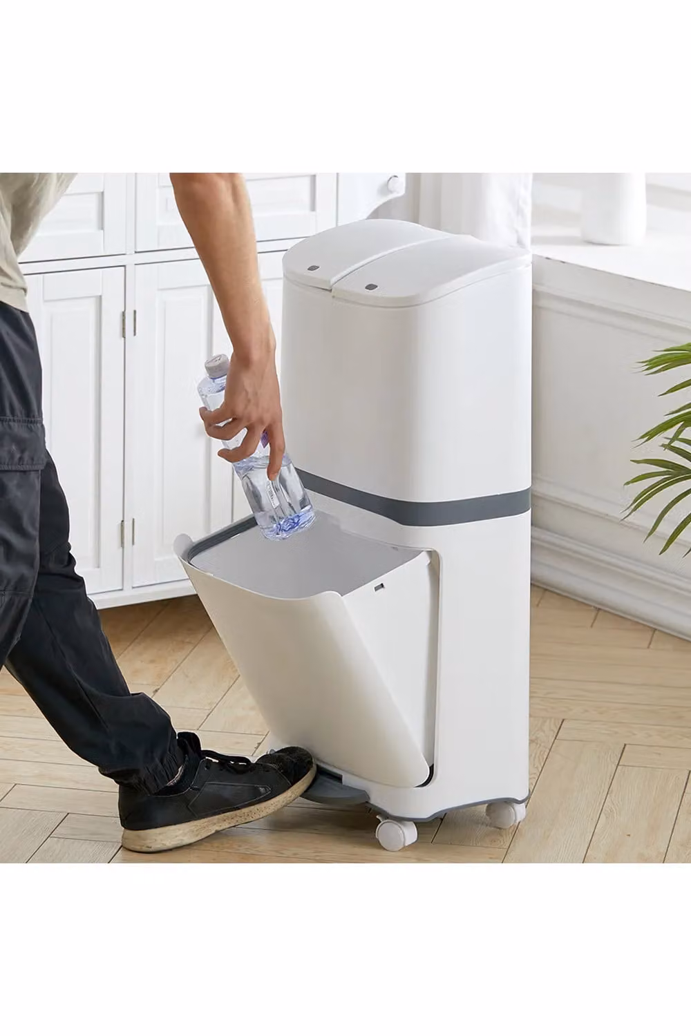 Living and Home 48L Pedal Rubbish Bin with 3 Compartments and Wheels in White – 3