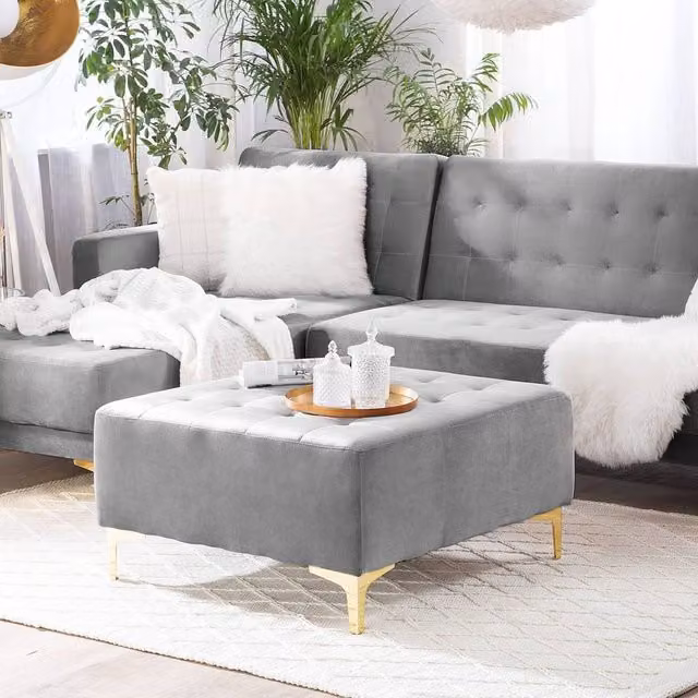 Wyld and Coco Grey Velvet Tufted Ottoman with Gold Metal Legs W/D/H: 41 x 41 x 80 cm – 1